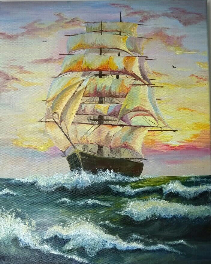 Парусный фрегат. Закат.