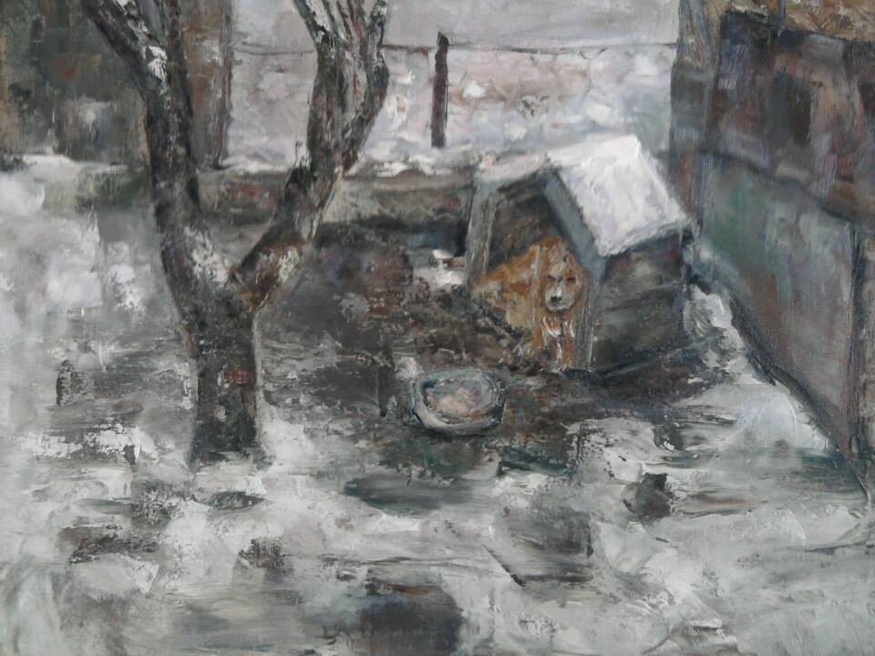 живопись зима и собака