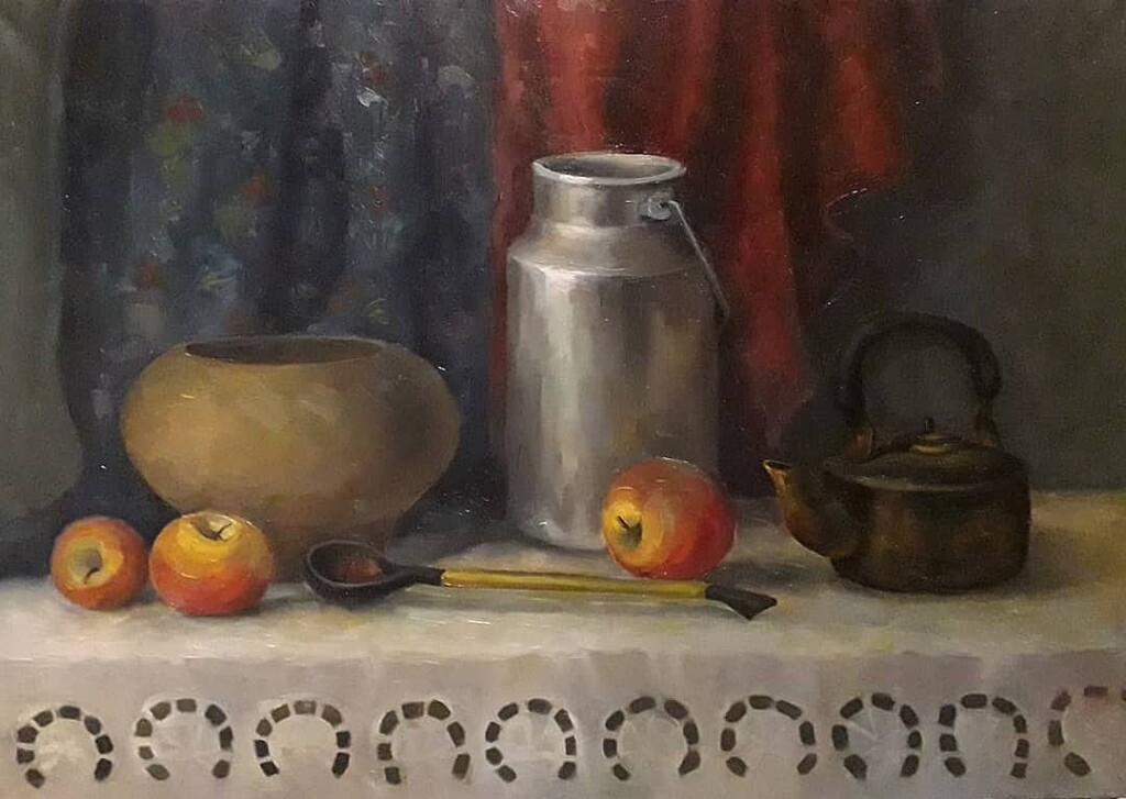 Натюрморт с бидоном и яблоками