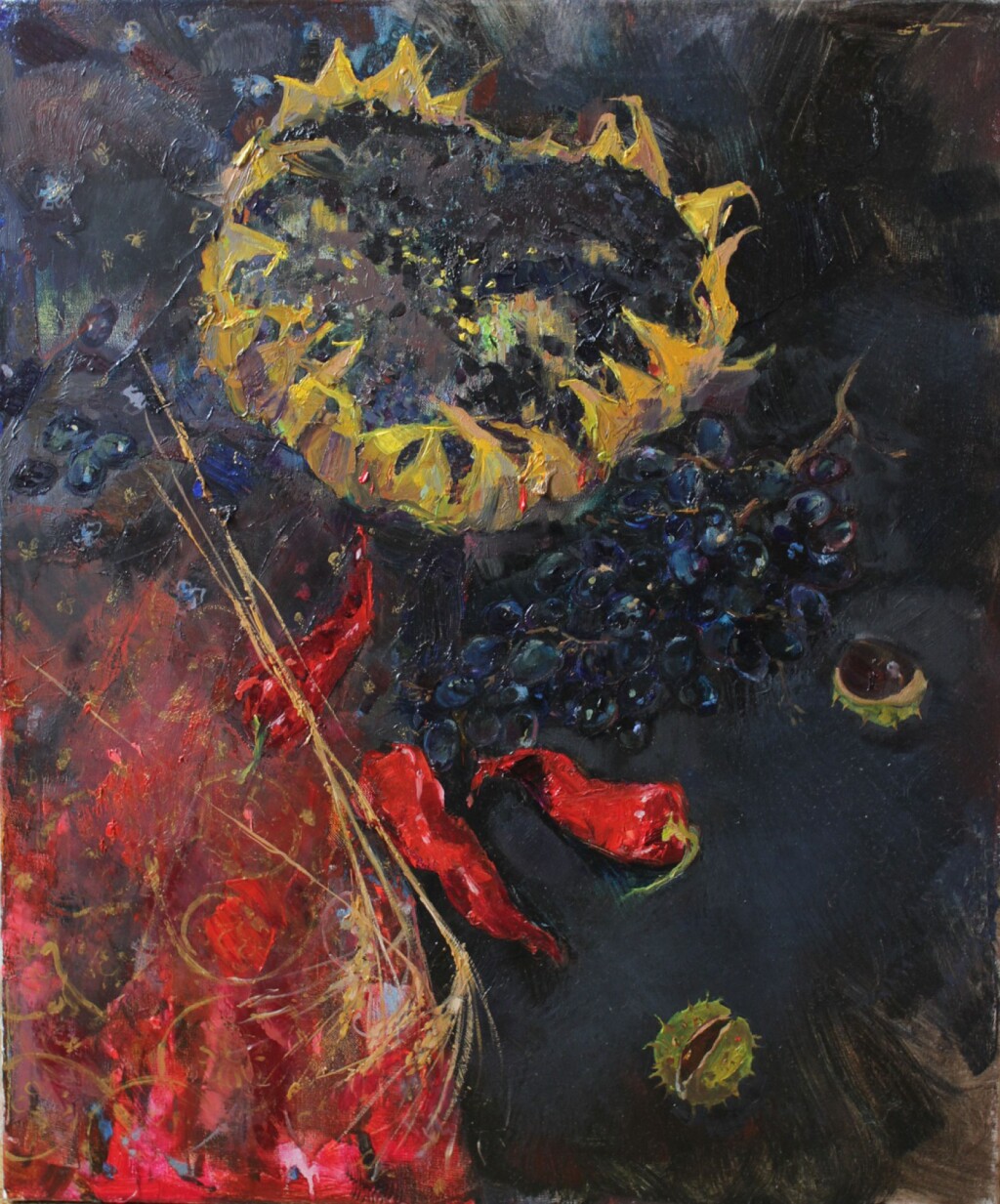 Подсолнух, виноград, каштан и перец.