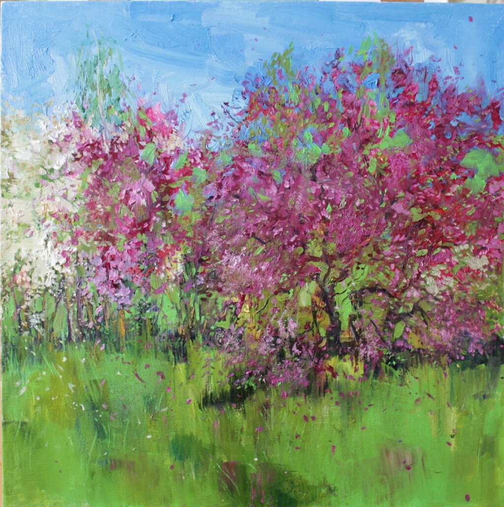 Розовые яблони.