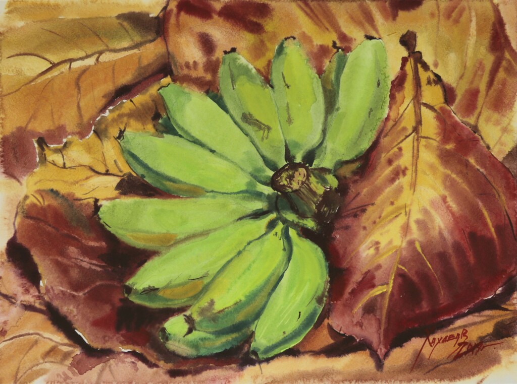 Тайланд. Зеленые бананы на красных листьях