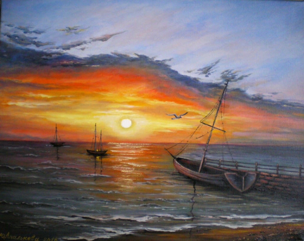 Морской закат с чайкой.