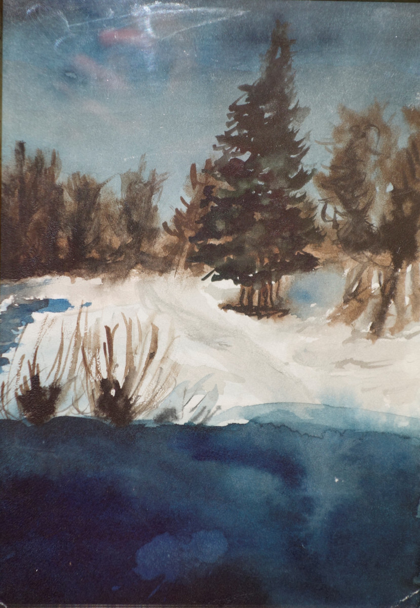 Зимний пейзаж акварелью