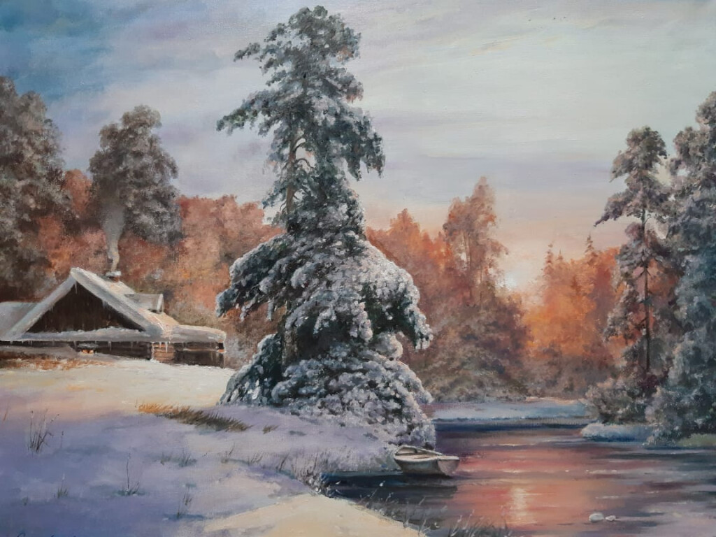 Зимний пейзаж с лодкой