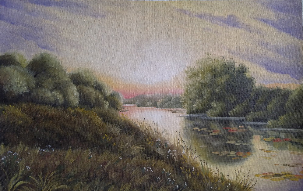 Закат солнца на пруду.