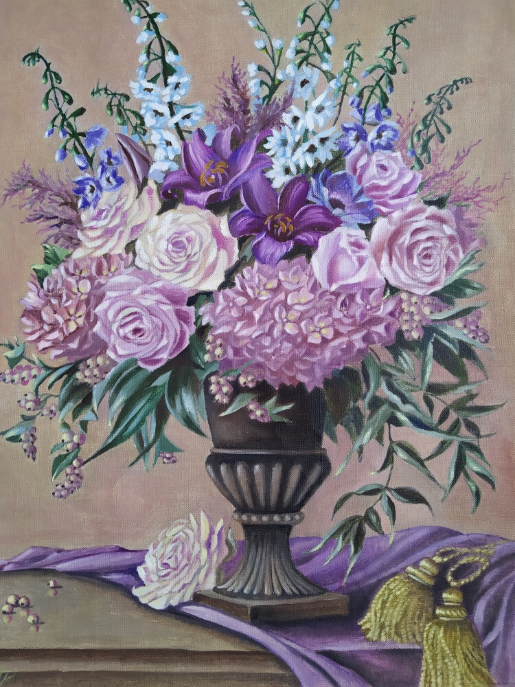 Натюрморт с гортензией и дельфиниумом.