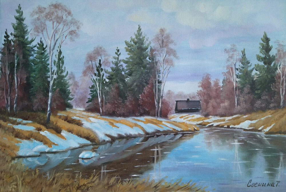 Весенний пейзаж с домиком.