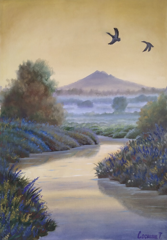 Вечерний пейзаж у горы с птичками.