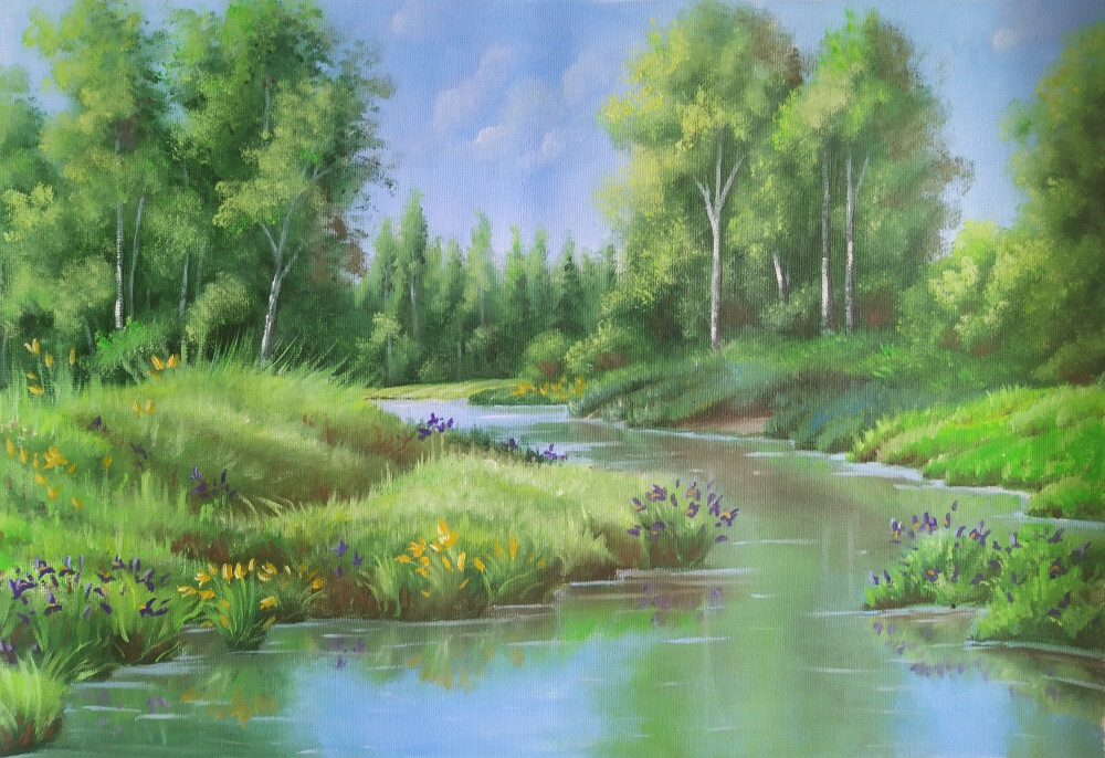 Летний пейзаж "Ирисы на протоке".