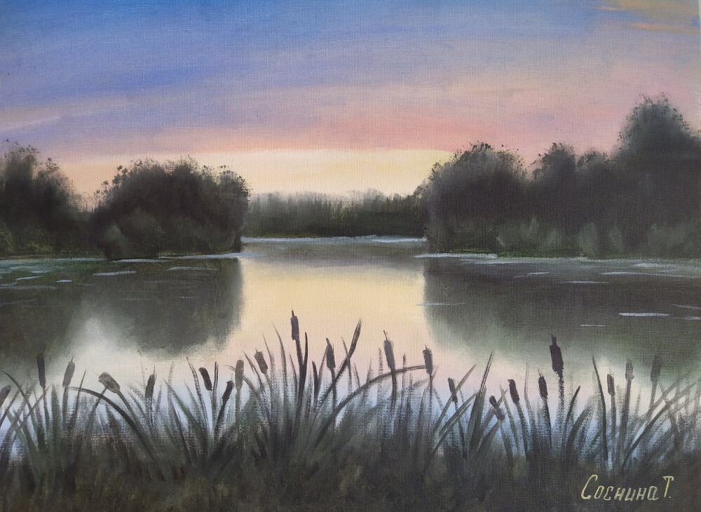 Вечерний пейзаж с камышами.