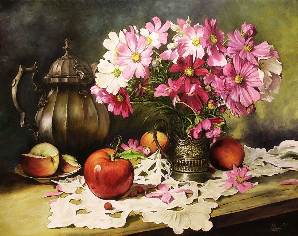 Натюрморт с космеей и яблоками