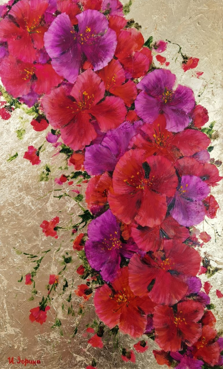 Красные цветы. Интерьерная цветочная серия с поталью.