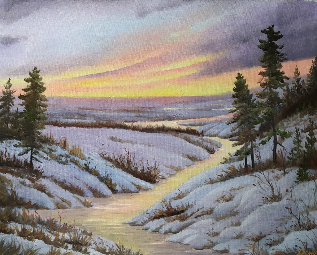 Свет вечерней зари, зимний пейзаж.