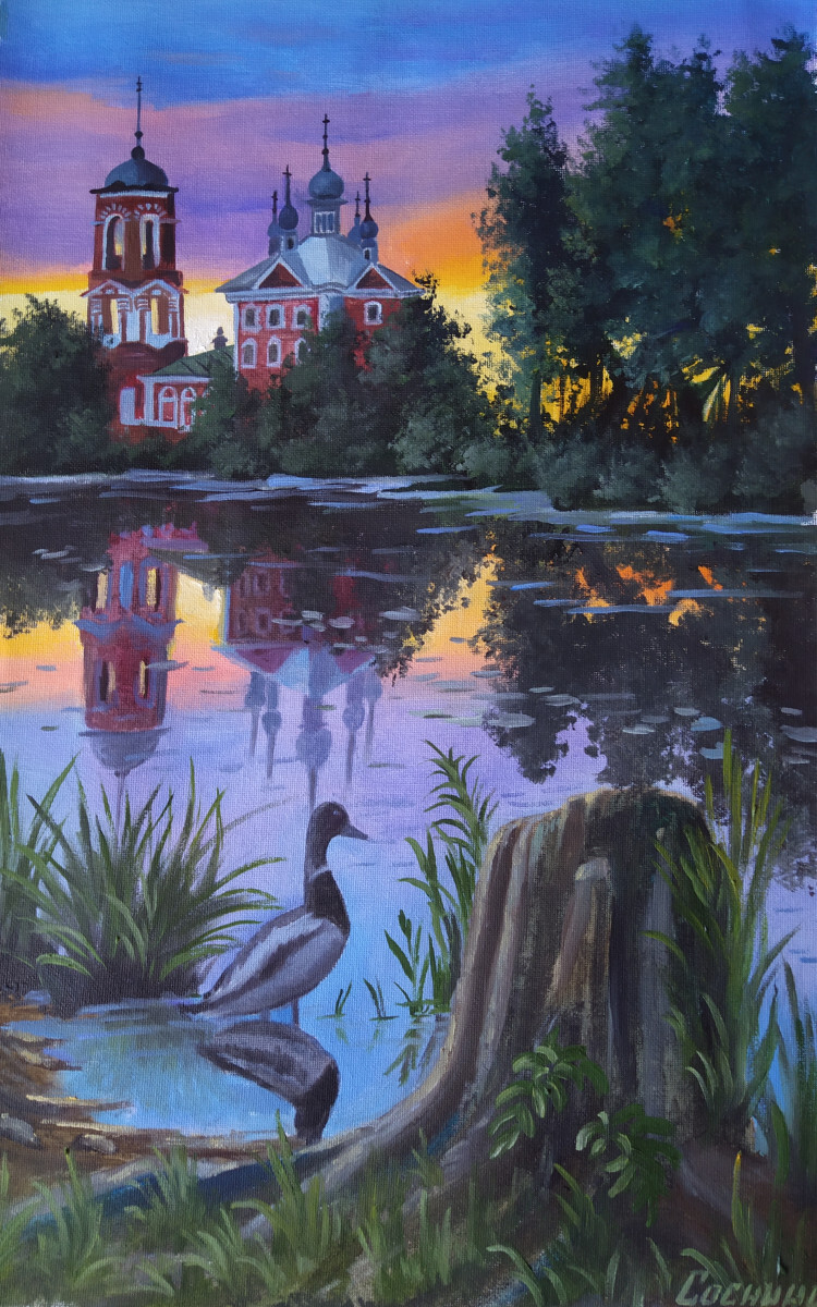 Утка на закате у пенька.