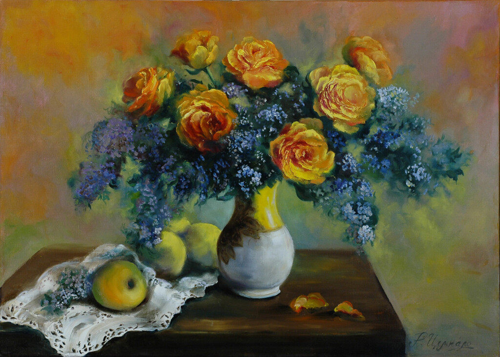 Розы и яблоки на столе