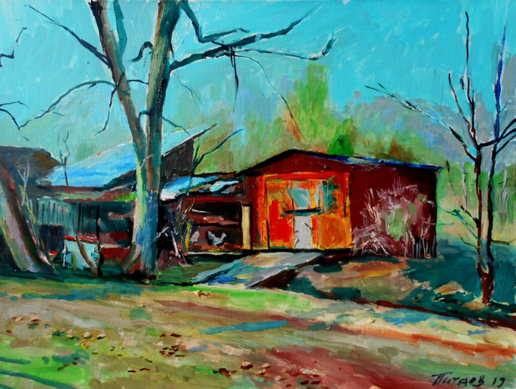 Пейзаж с красным   гаражом