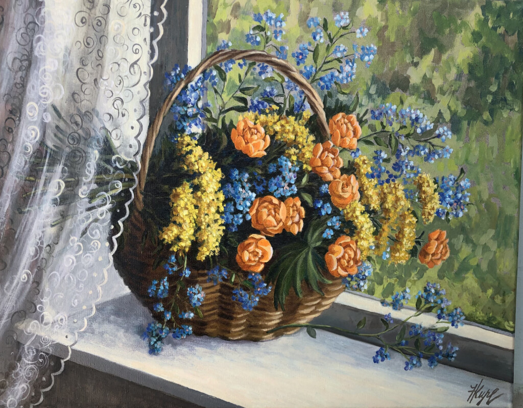 Букет с купальницей в корзинке