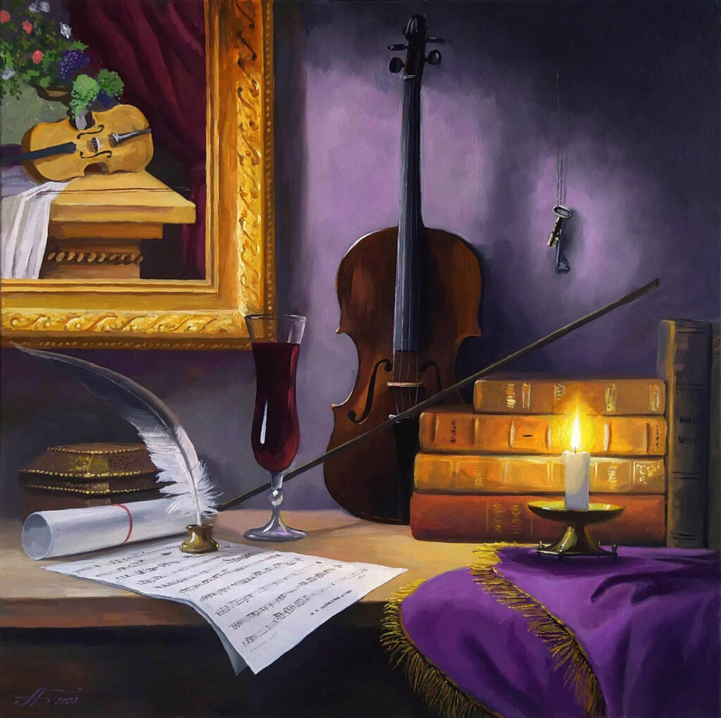 Натюрморт со скрипкой, свечой и пером.