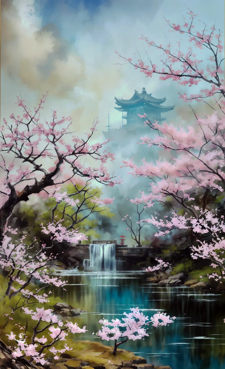 Цветущая сакура у реки