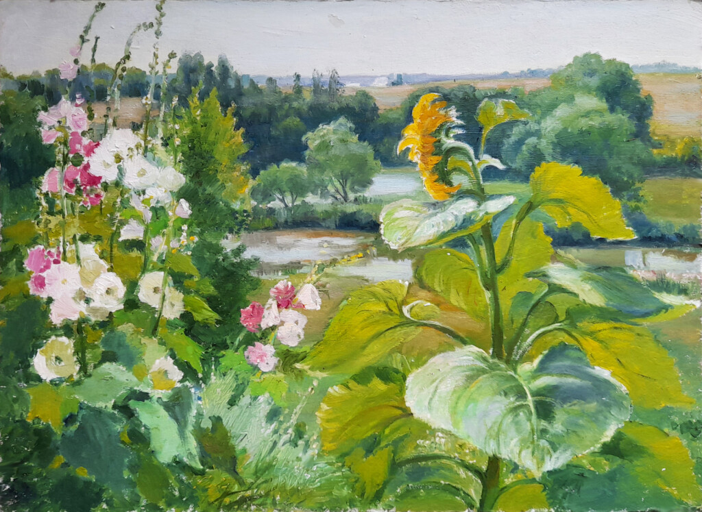 Мальвы и подсолнух (этюд)