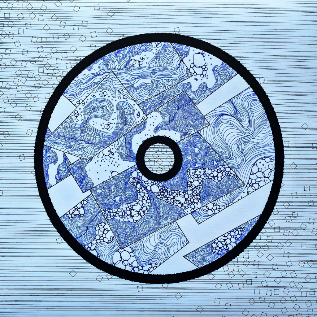 Разлив (2) Графика с синим узором в образе виниловой пластинки