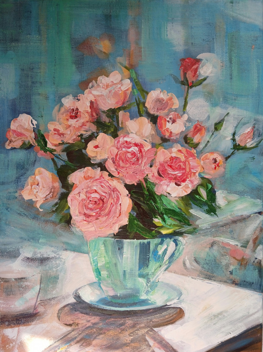 Розы на бирюзовом фоне