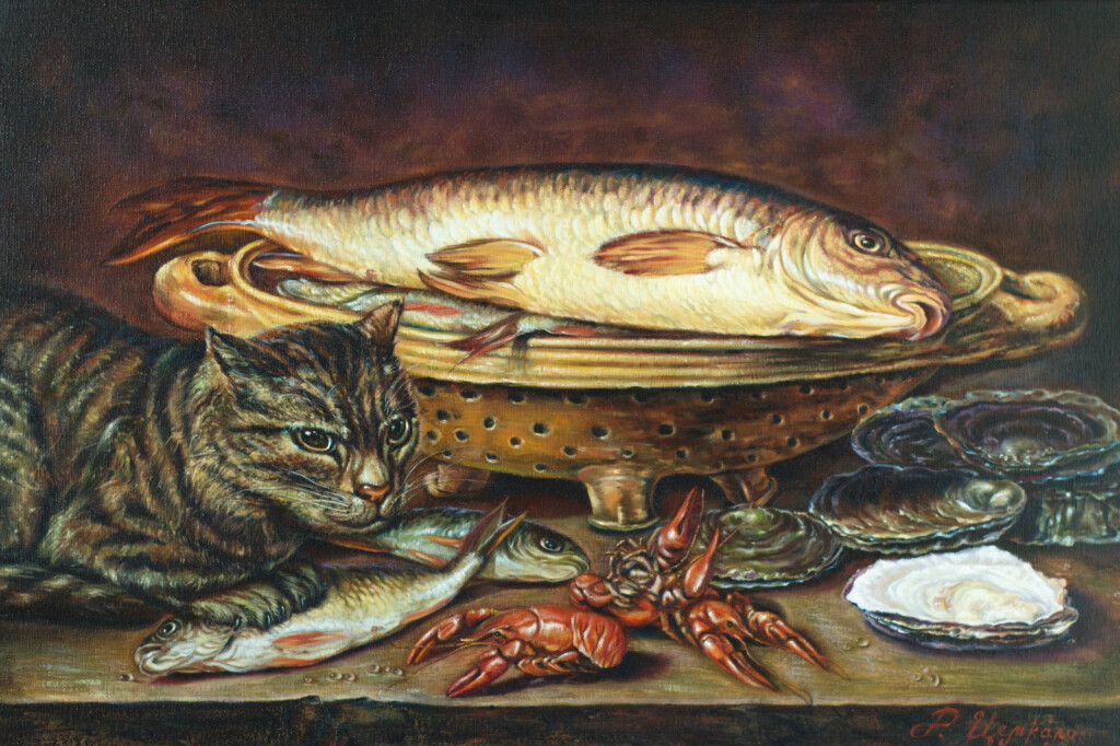 Натюрморт из рыбы, устриц и раков с кошкой (копия)