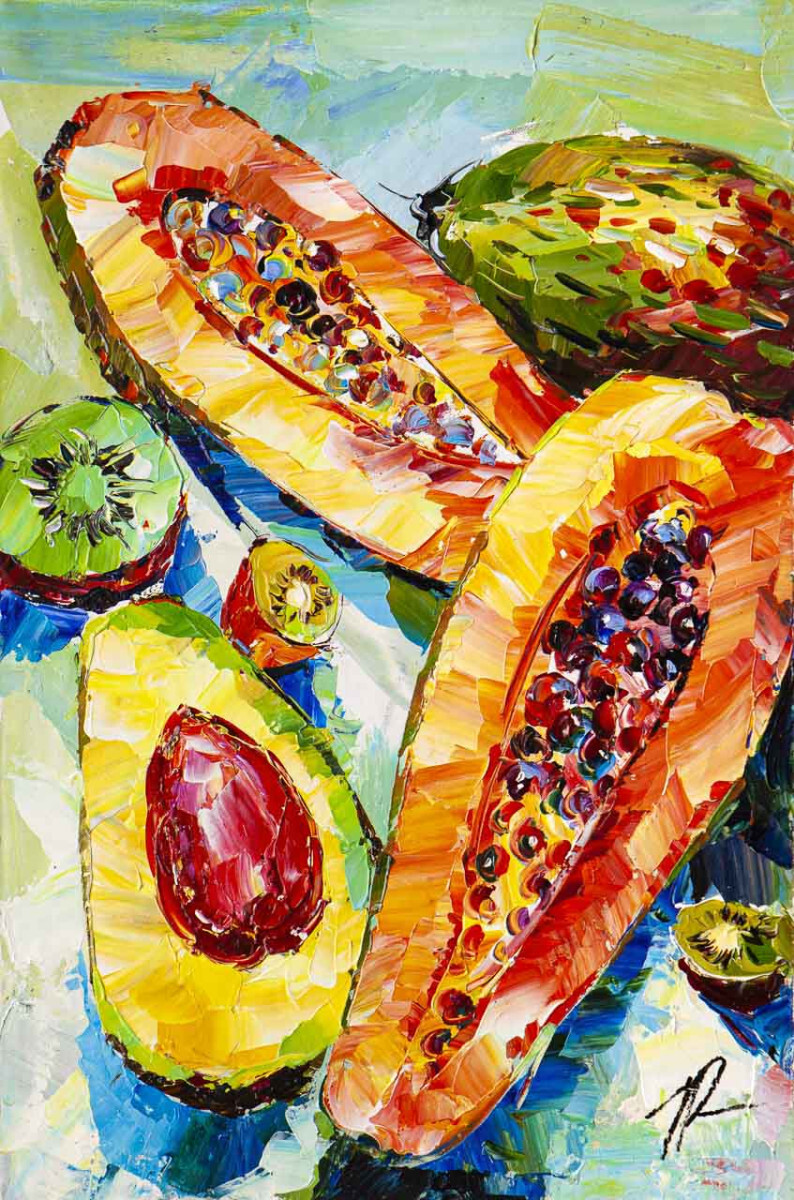 Натюрморт с папайей, авокадо и киви