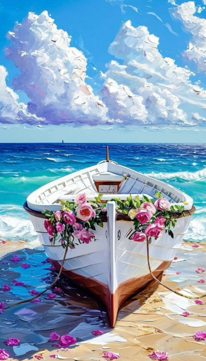 Лодка с розовыми розами