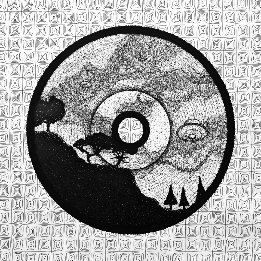 Картина черно-белая Нападение инопланетян Нло Пришельцы Горный пейзаж