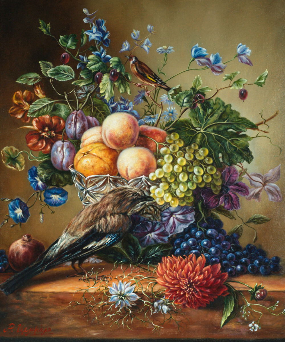 Натюрморт с птицами и цветами