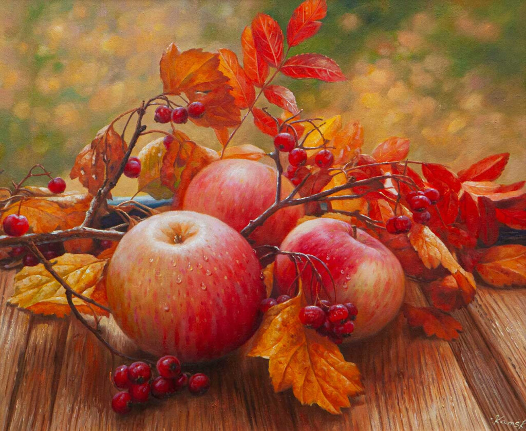 Драгоценности осени. Яблоки и рябина