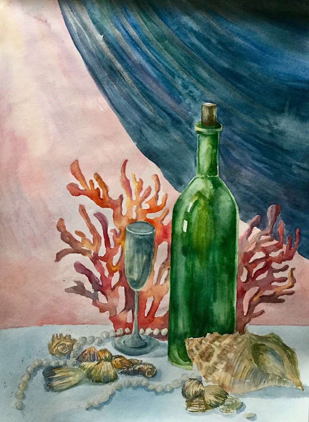 Морской натюрморт с ракушками и жемчугом