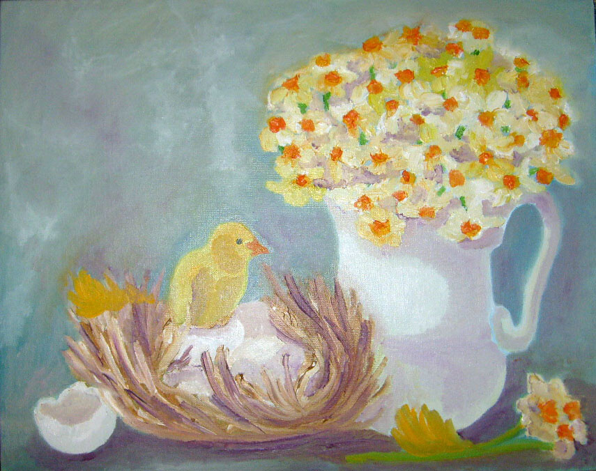 Рождение. Натюрморт с цыпленком и нарциссами