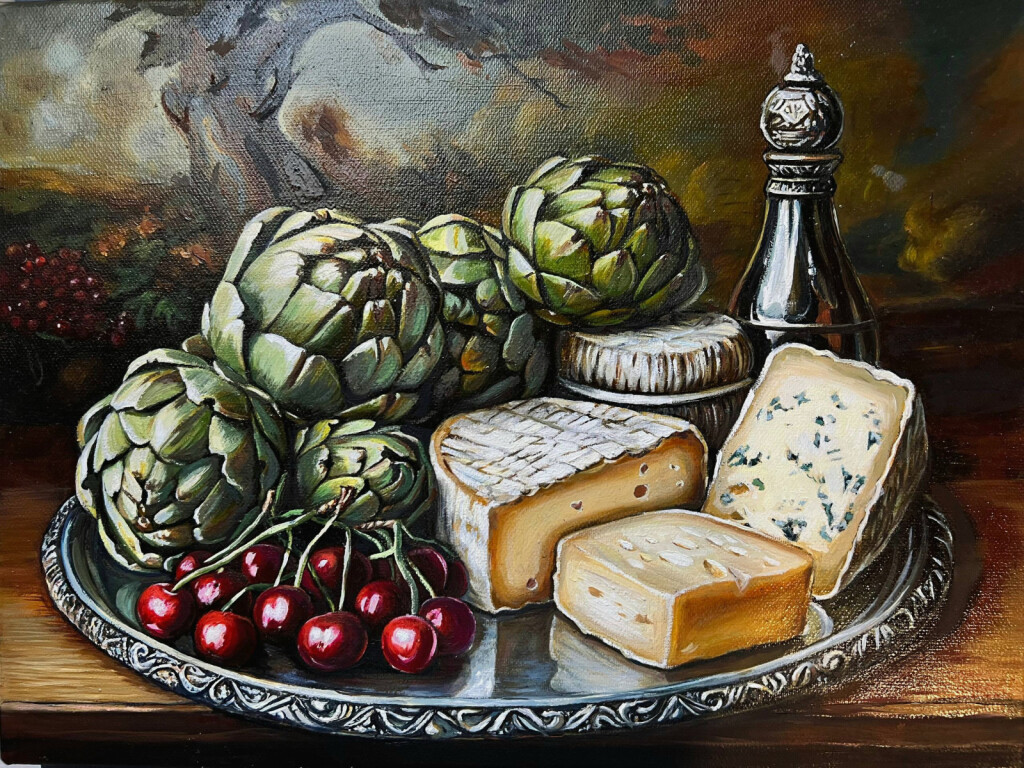 Натюрморт с сыром, артишоками и вишней