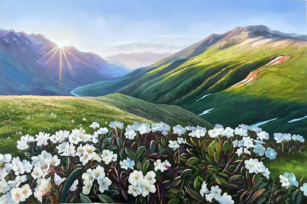 Цветет рододендрон в горной долине. Кавказ, Теберда