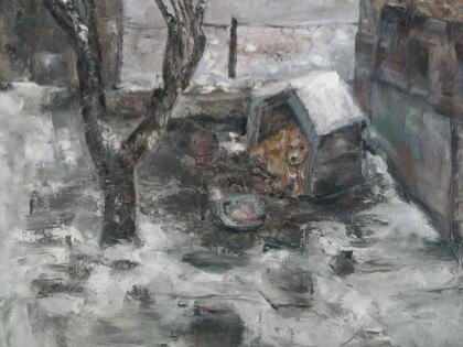 живопись зима и собака