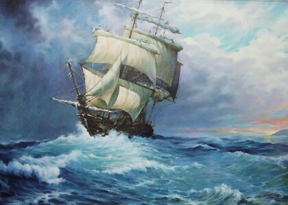 Закат на море. Парусник.