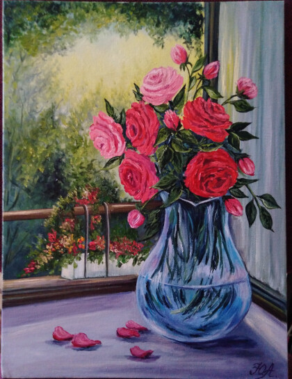 "Розы в прозрачной вазе."