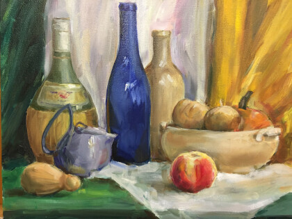 Натюрморт с синей бутылкой и фруктами