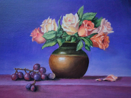 Натюрморт с розами и виноградом.