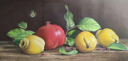 Натюрморт с айвой, гранатом и бабочкой.