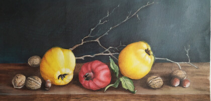 Натюрморт с айвой, гранатом и орехами.