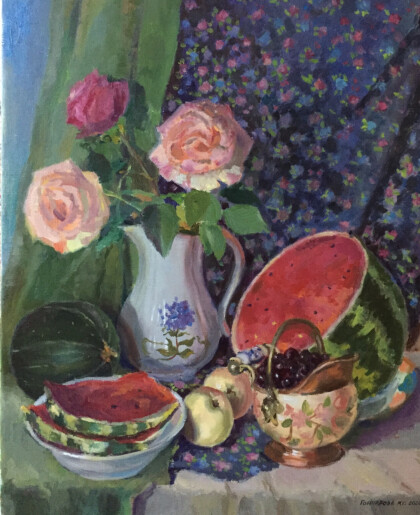 Натюрморт с арбузом и розами.