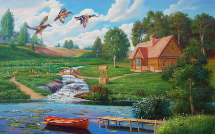 Пейзаж с домиком и лодкой