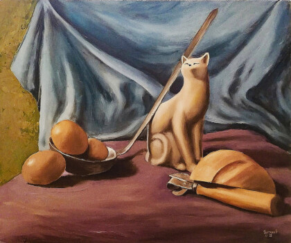 Натюрморт со статуэткой кошки.