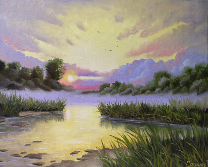 Сиреневый закат на озере