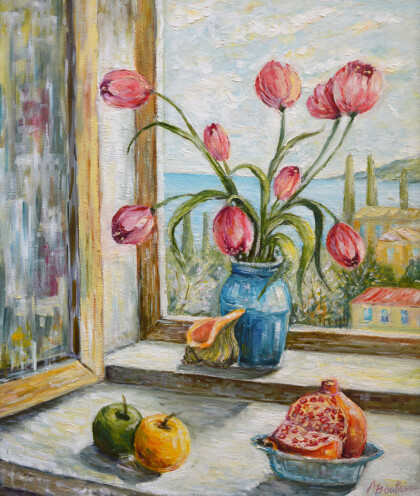 Натюрморт с ракушкой, гранатом и яблоками