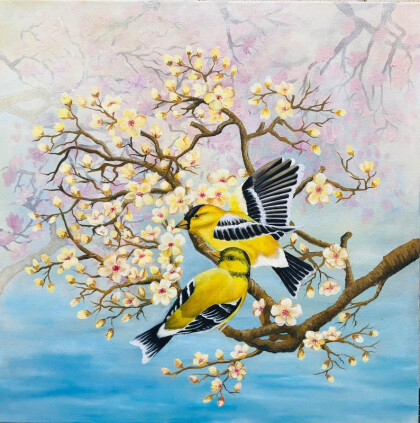 Синицы на ветке цветочного дерева